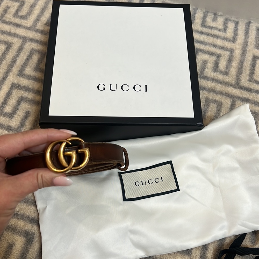 Gucci Faded Calfskin Leather Double G 20mm Thin Slim Brown Tan Gold Belt Size 75 - Picture 4 of 7
